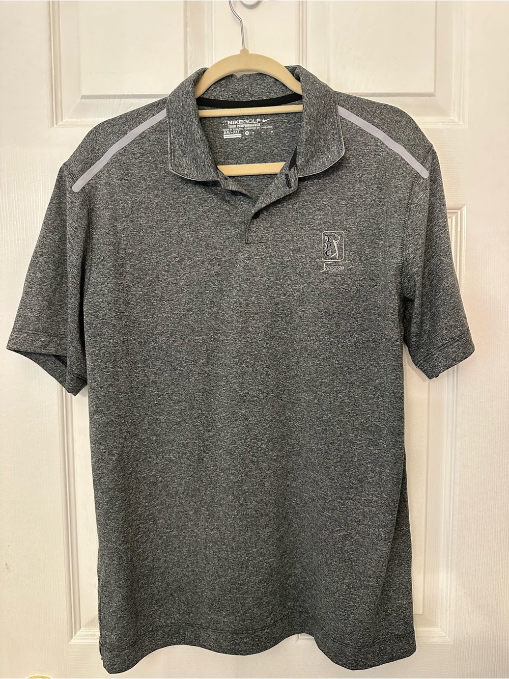 TPC Sawgrass Nike Men's Heather Gray Polo with Subtle Shoulder Stripes